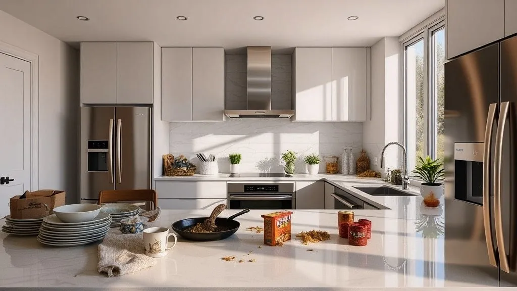 The same kitchen staged with everyday clutter — dishes, crumbs, and boxes on the island (illustrative)