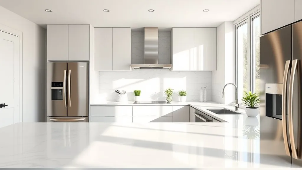 A spotless modern kitchen with gleaming countertops in natural light